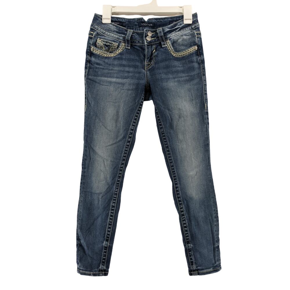 Vigoss Skinny Jeans 1/2 The Dublin 29x26 Low Rise Bling Rhinestone‎ Embroidered